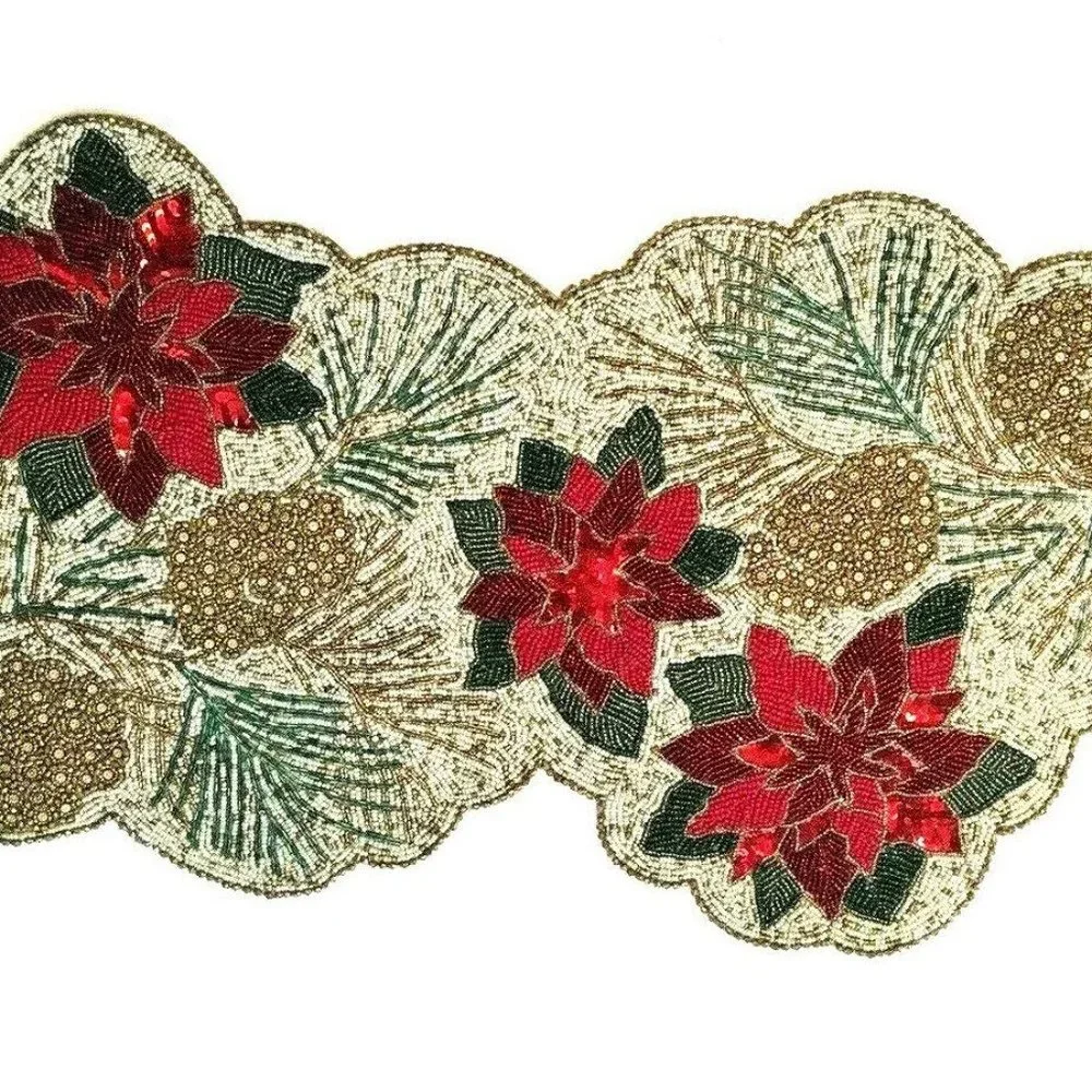 Cynthia Rowley Christmas Beaded Pinecone Poinsettia Table Runner Centerpiece